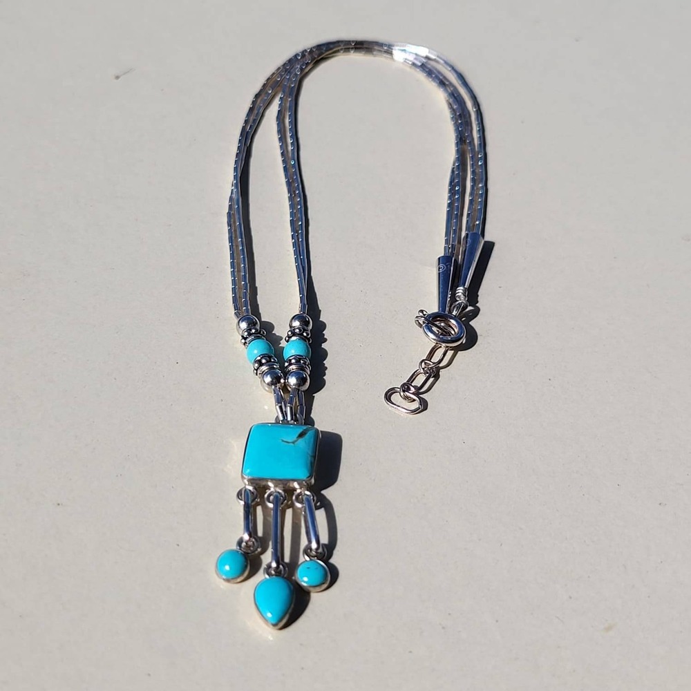 Vintage Q.T. 925 Sterling Silver Turquoise Liquid Silver Pendant Necklace - Picture 9 of 13